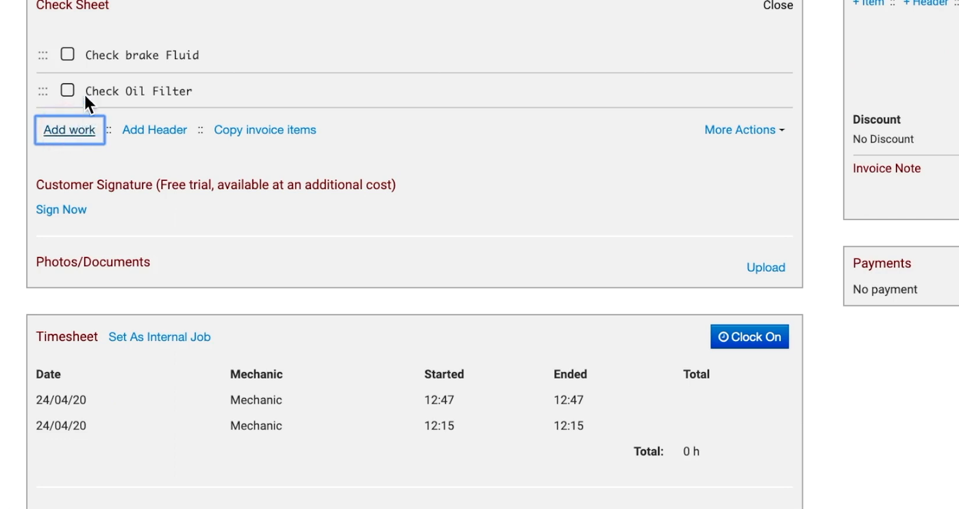 MechanicDesk — Check sheet, photos and clock on