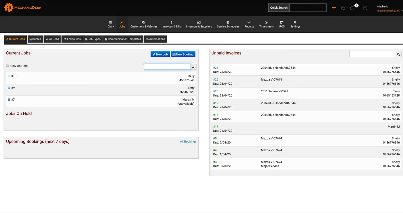 MechanicDesk — Current jobs, unpaid invoices and jobs on hold