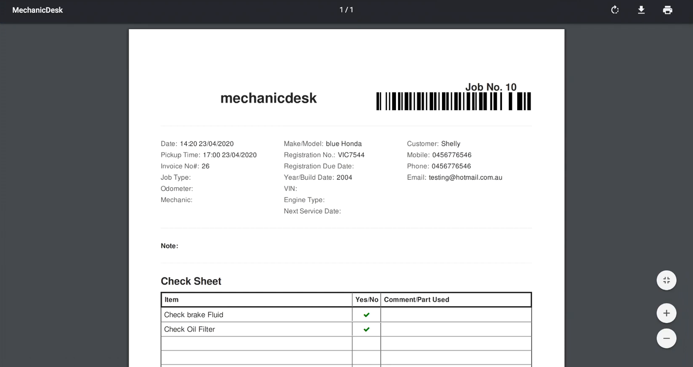 MechanicDesk — Printed job card with barcode