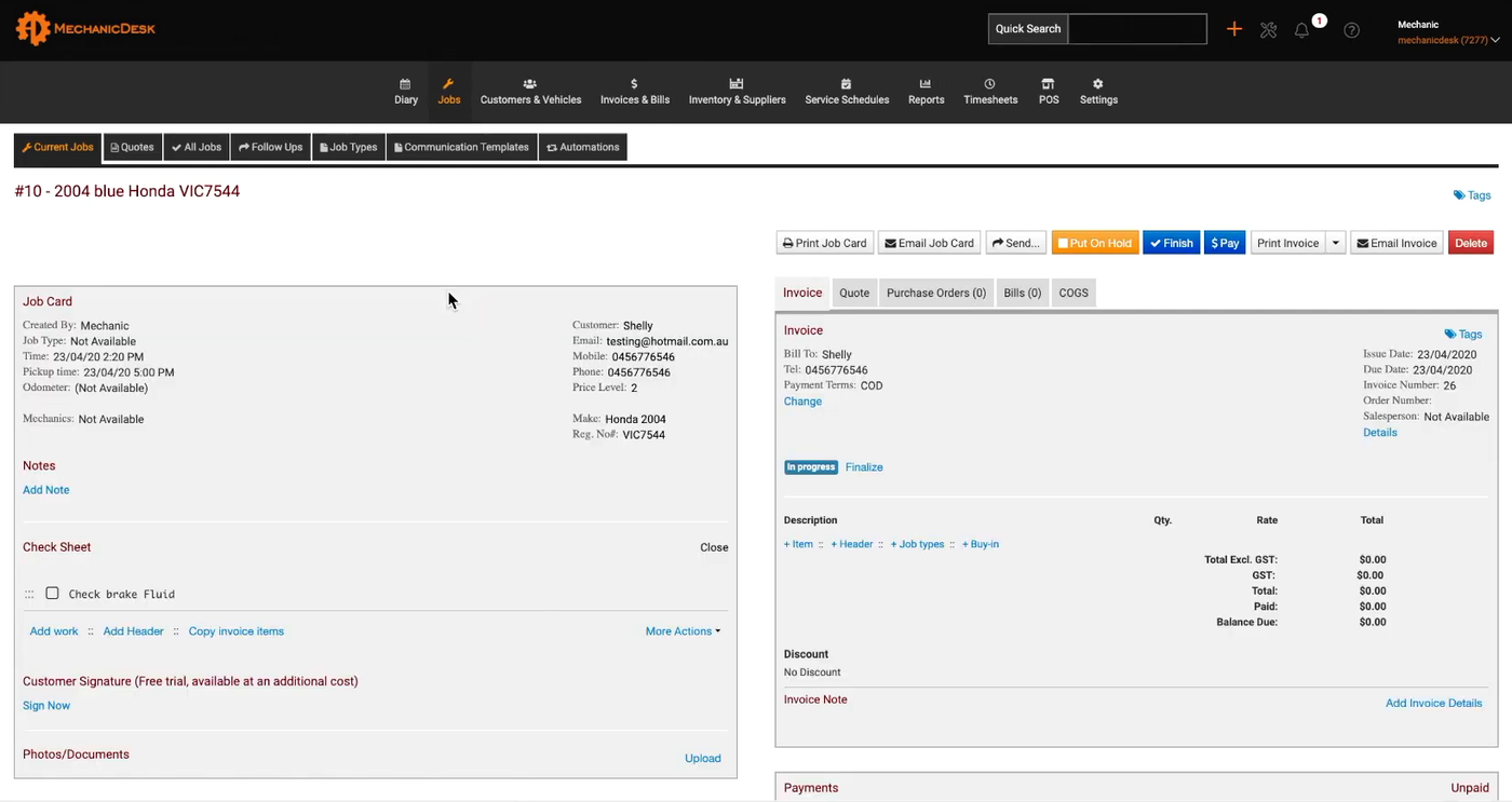 MechanicDesk — Job card and invoice side by side
