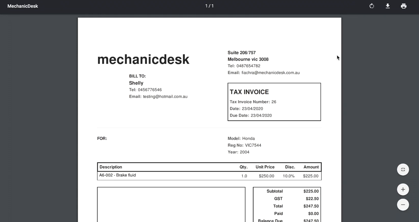 MechanicDesk — Tax invoice ready to print or email