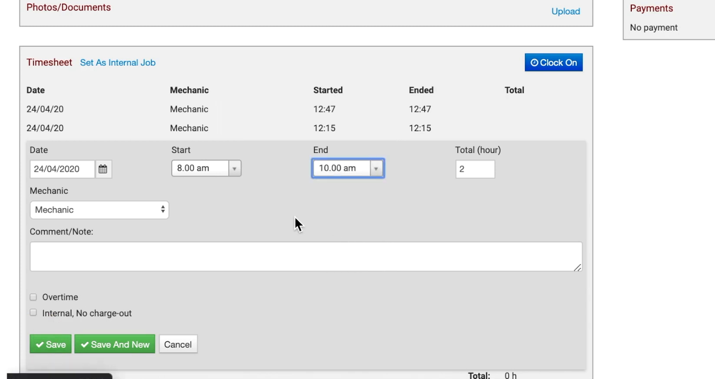 MechanicDesk — Timesheets recorded against the job