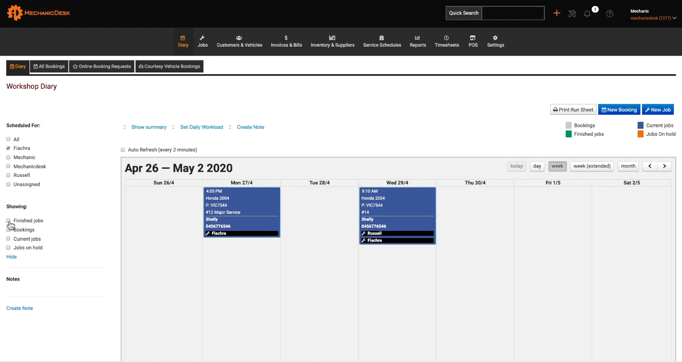 MechanicDesk — Booking diary with drag and drop scheduling