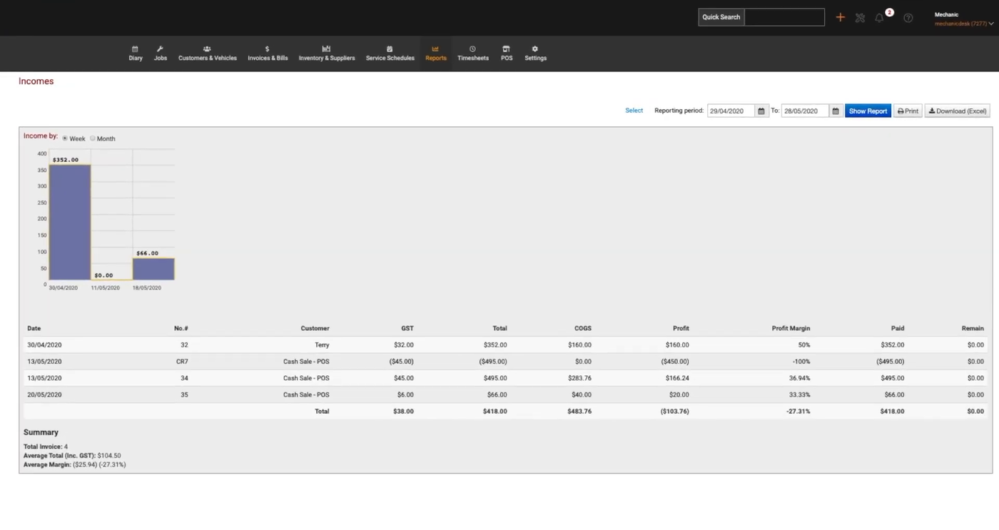 MechanicDesk — Reports on sales, hours and stock